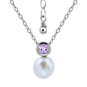 Aleure Precioso Sterling Silver Round Freshwater Cultured Pearl & Gemstone Pendant Necklace