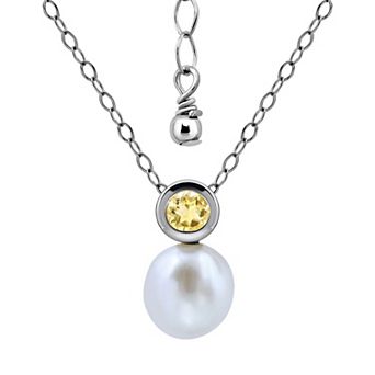 Aleure Precioso Sterling Silver Round Freshwater Cultured Pearl & Gemstone Pendant Necklace