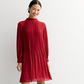 Women's London Times Mock Neck Pleated A-Line Dress