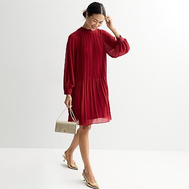 Women's London Times Mock Neck Pleated A-Line Dress