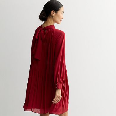 Women's London Times Mock Neck Pleated A-Line Dress