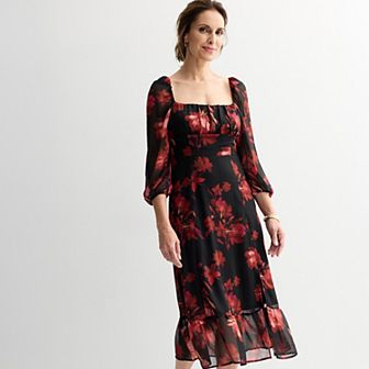 Women's London Times Long Sleeve Square Neck Midi Dress