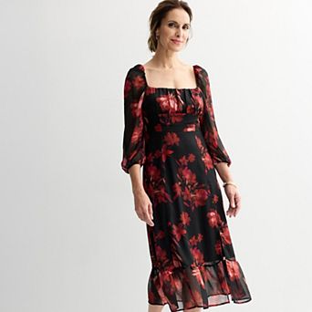 Women's London Times Long Sleeve Square Neck Midi Dress