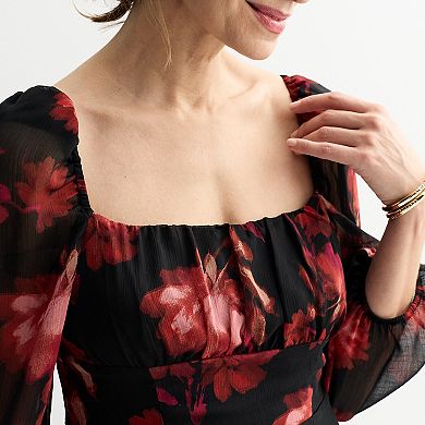 Women's London Times Long Sleeve Square Neck Midi Dress