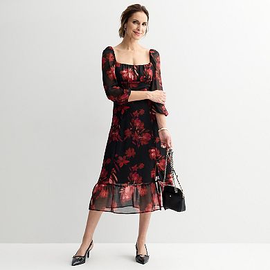 Women's London Times Long Sleeve Square Neck Midi Dress