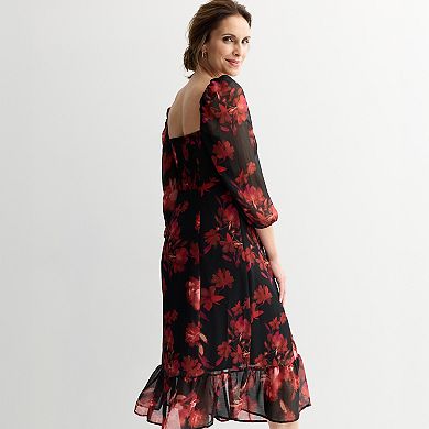 Women's London Times Long Sleeve Square Neck Midi Dress