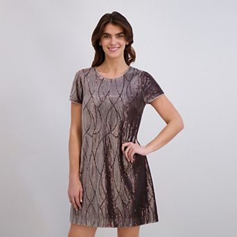 Women's London Times Short Sleeve Sequin Velvet T-Shirt Dress