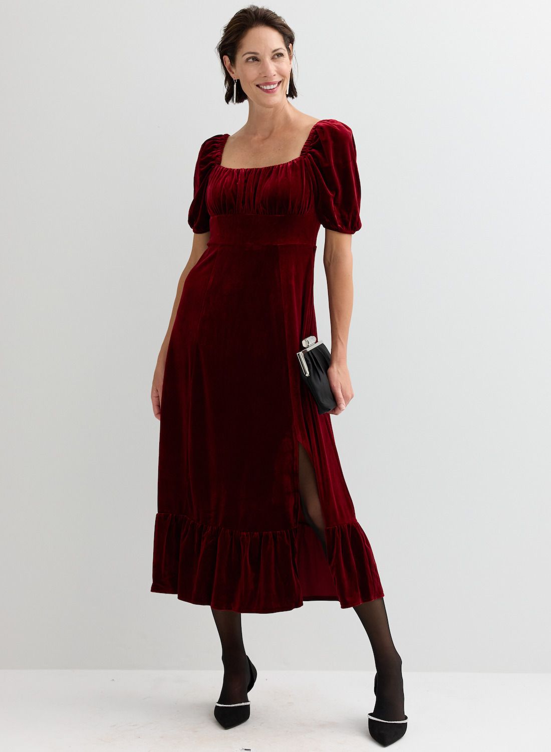 London Times Square Neck Velvet Midi Dress