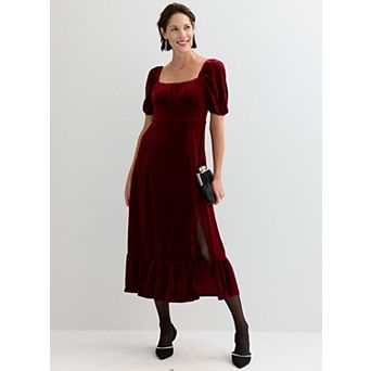 London Times Square Neck Velvet Midi Dress