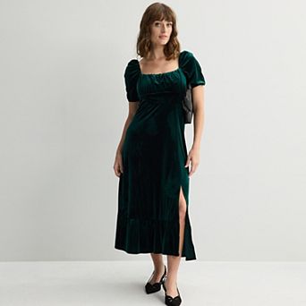 London Times Square Neck Velvet Midi Dress