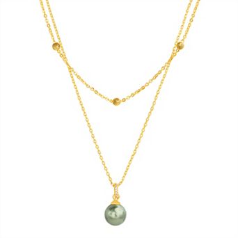 Paige Harper 14k Gold over Brass Layered Necklace with Glass Pearl Drop & Cubic Zirconia Accents