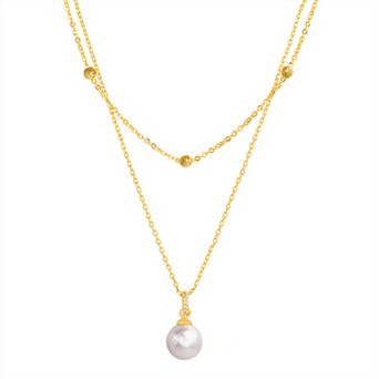 Paige Harper 14k Gold over Brass Layered Necklace with Glass Pearl Drop & Cubic Zirconia Accents