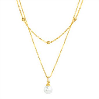 Paige Harper 14k Gold over Brass Layered Necklace with Glass Pearl Drop & Cubic Zirconia Accents