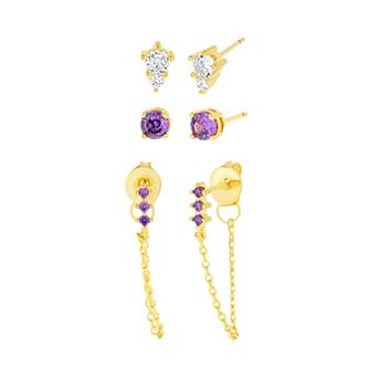 Paige Harper Gold-Tone Cubic Zirconia 3-Pair Stud & Chain Earring Set