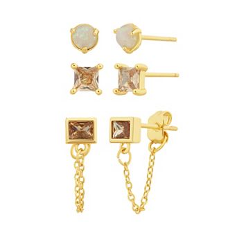 Paige Harper 14k Gold Plated Cubic Zirconia & Opal 3-Pair Earring Set