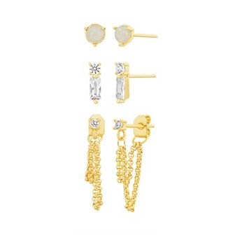 Paige Harper 14k Gold Plated Cubic Zirconia & Opal 3-Pair Earring Set