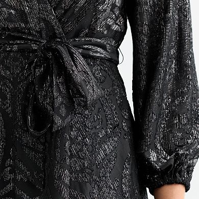 Women's Robbie Bee Short Wrap Dress with Long Sleeves & Tie Waist