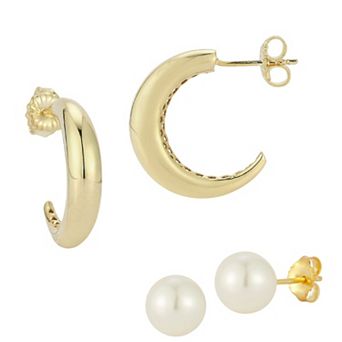 Sunkissed Sterling 2-Pair Sterling Silver C-Hoop & Freshwater Cultured Pearl Stud Earring Set