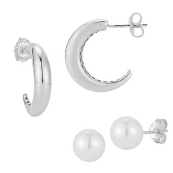 Sunkissed Sterling 2-Pair Sterling Silver C-Hoop & Freshwater Cultured Pearl Stud Earring Set