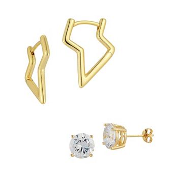 Sunkissed Sterling 2-Pair Sterling Silver Lightning Hoop & Cubic Zirconia Stud Earring Set