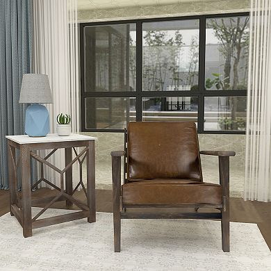 Amber Accent Chair, Handcrafted Slatted Mango Wood, Cushions, Angled Legs