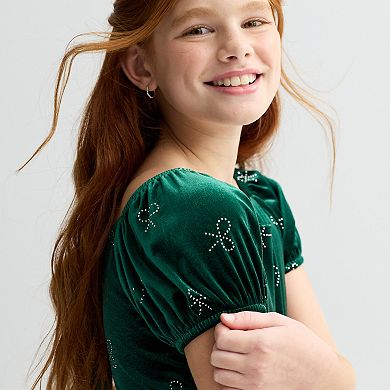 Girls 4-12 Blueberi Boulevard Rhinestone Bow Velvet Dress