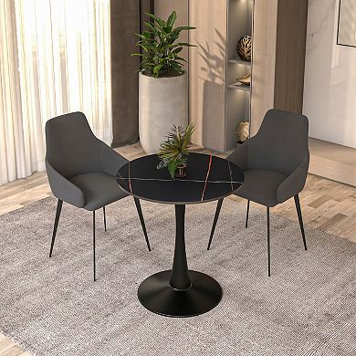 LeisureMod Bristol 24" Round Dining Table Sintered Stone Top , Sturdy Steel Black Pedestal Base