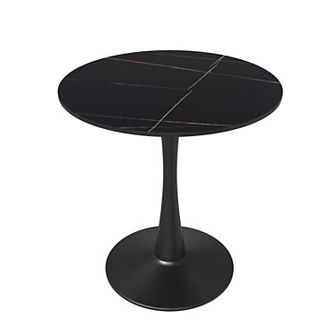 LeisureMod Bristol 24" Round Dining Table Sintered Stone Top , Sturdy Steel Black Pedestal Base