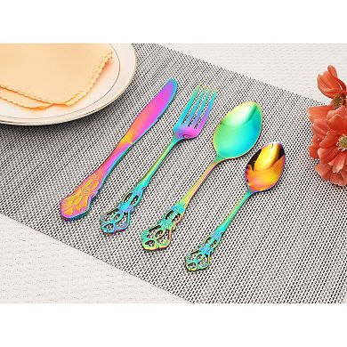 24 Piece Silverware Set, Stainless Steel Floral Flatware Set for 6, Modern Cutlery Set
