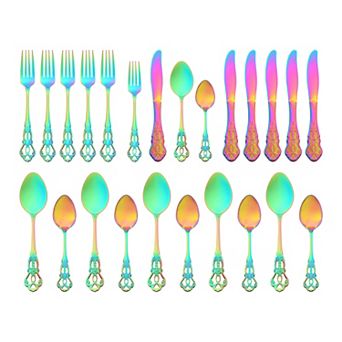 24 pc Silverware Set, Stainless Steel Floral Flatware Set for 6, Modern Cutlery Set