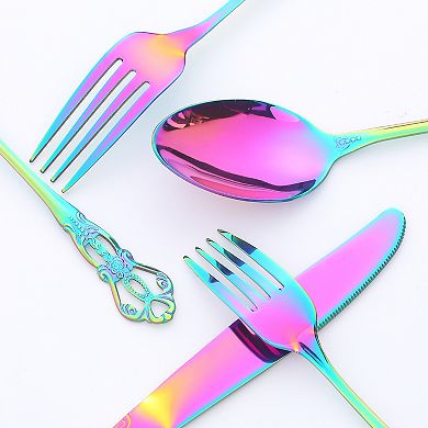 20 Piece Silverware Set, Stainless Steel Floral Flatware, Modern Cutlery Set, Serving Utensils Set