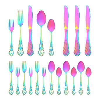 20 pc Silverware Set, Stainless Steel Floral Flatware, Serving Utensils Set with Skeleton Pattern