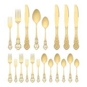 20 pc Silverware Set, Stainless Steel Floral Flatware, Serving Utensils Set with Skeleton Pattern