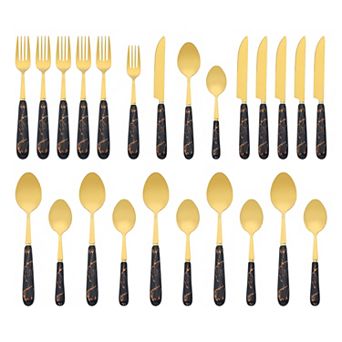 24 pc Silverware Set, Stainless Steel Floral Flatware Set, Modern Cutlery Set for Kitchen Dining