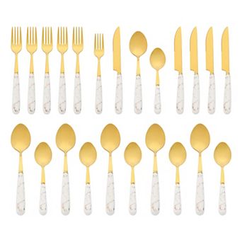 24 pc Silverware Set, Stainless Steel Floral Flatware Set, Modern Cutlery Set for Kitchen Dining