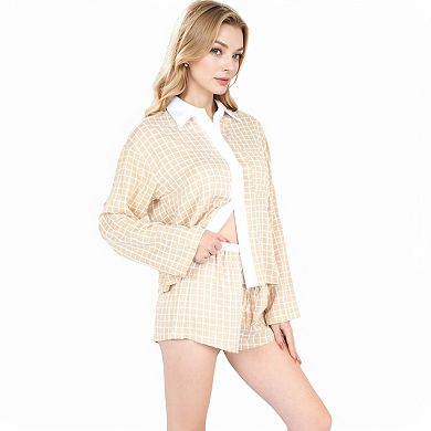 Women's Grid Print Lounge Set with Long Sleeve Button-Up Top and Elastic Waist Shorts