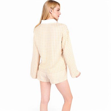 Women's Grid Print Lounge Set with Long Sleeve Button-Up Top and Elastic Waist Shorts