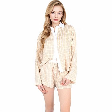 Women's Grid Print Lounge Set with Long Sleeve Button-Up Top and Elastic Waist Shorts