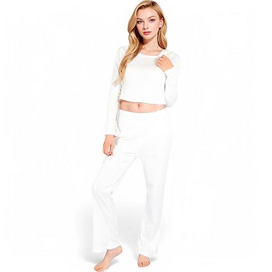 Women's Long Sleeve Diamond Print Lounge Set with Elastic Waist Pants