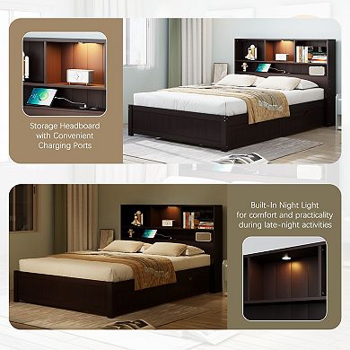 Merax Wood Platform Bed with Bookcase Headboard