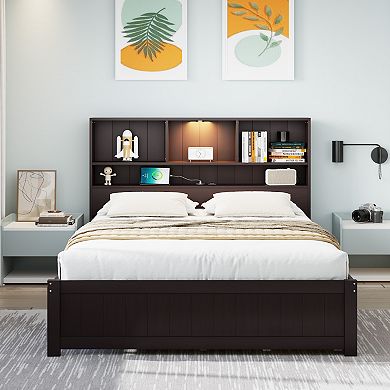 Merax Wood Platform Bed with Bookcase Headboard