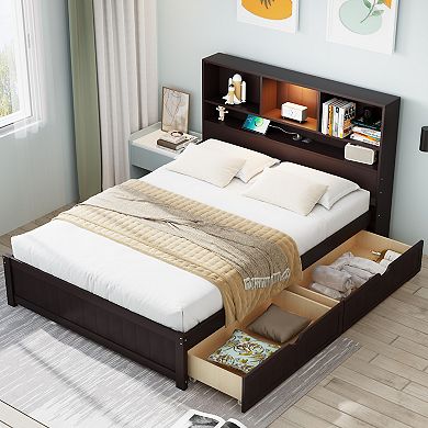 Merax Wood Platform Bed with Bookcase Headboard