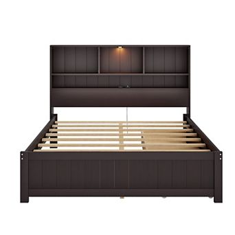 Merax Wood Platform Bed with Bookcase Headboard