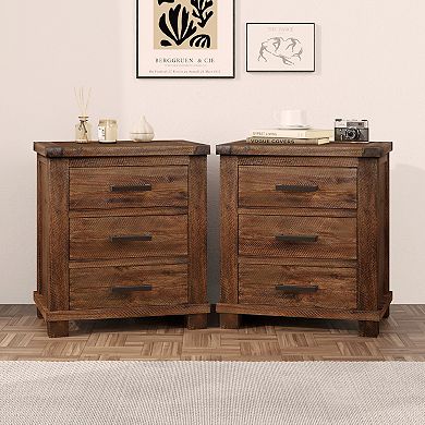 Merax Rustic Three Drawer Reclaimed Solid Wood Farmhouse Nightstand Set of Two
