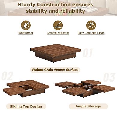 Merax Square Marble Veneer Coffee Table Sliding Top with Storage
