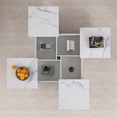 Merax Square Marble Veneer Coffee Table Sliding Top with Storage