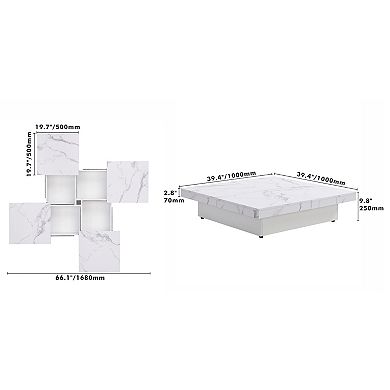 Merax Square Marble Veneer Coffee Table Sliding Top with Storage