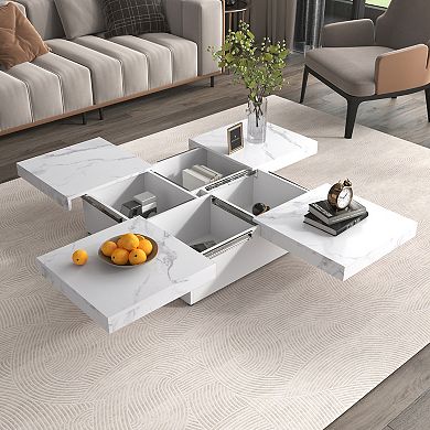 Merax Square Marble Veneer Coffee Table Sliding Top with Storage
