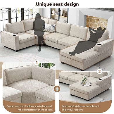 Merax U-Shaped 6-Seat Chenille Sectional Sofa Set with Oversized Chaise Lounge, Corner Couch