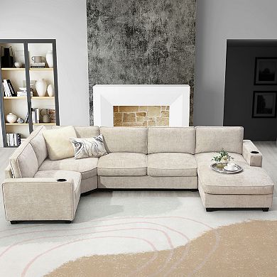 Merax U-Shaped 6-Seat Chenille Sectional Sofa Set with Oversized Chaise Lounge, Corner Couch